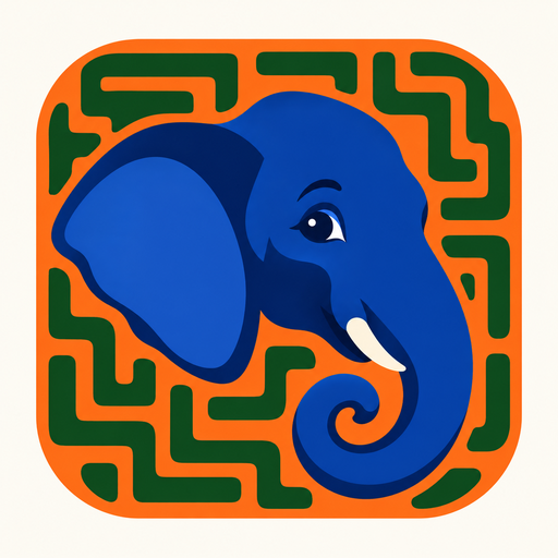 Amazephant logo: a blue elephant on an orange and green maze